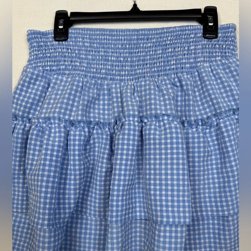 Sienna Sky Skort Womens Size L Blue White Gingham Tiered Ruffle Smocked Skirt